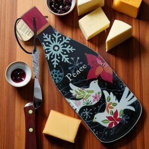 Counter Art NWT Glass Christmas Peace Cheese Server Board Bottle With Spreader
